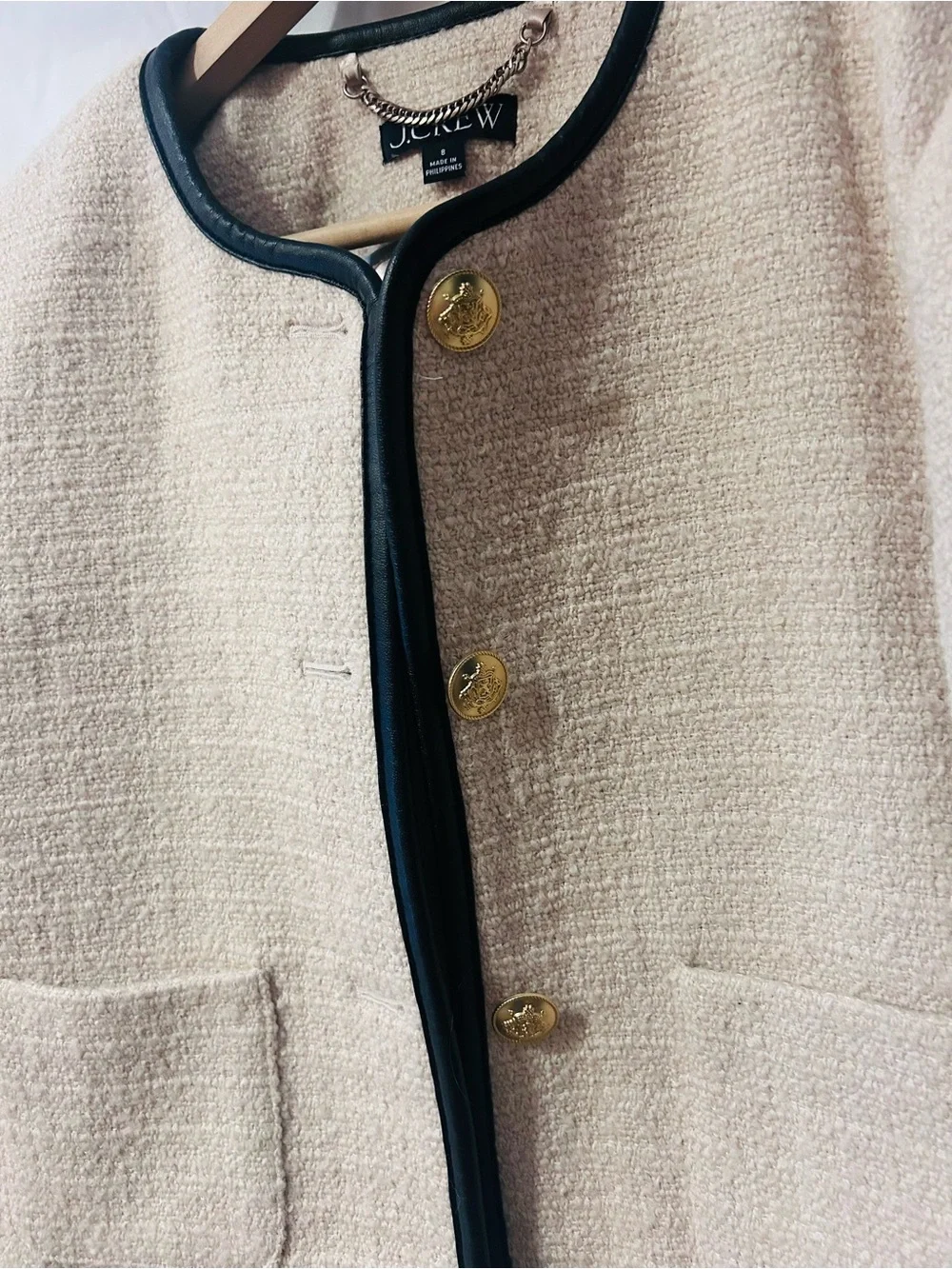 J. Crew Cream Bouclé Jacket with Black Trim and Gold Buttons